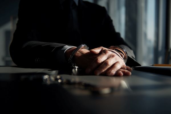 handcuffs around the wrists of a businessman in a darkened conference room