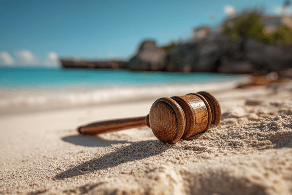 A wooden gavel laying on the beach