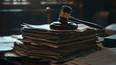 A wooden gavel on top of a pile of documents