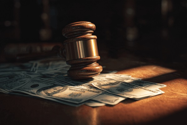 A wooden gavel on top of hundred dollar bills