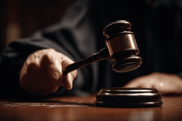 Close-up of a gavel being held by a judge’s hand