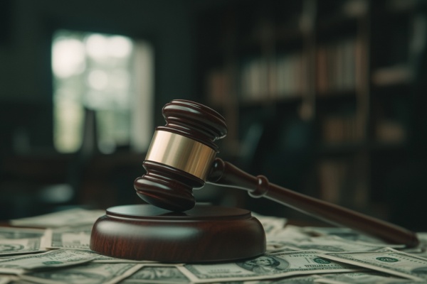 A wooden gavel on top of money in a legal office
