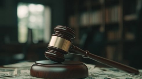 A wooden gavel on top of money in a legal office