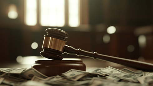 A wooden gavel in a courtroom on top of a pile of money