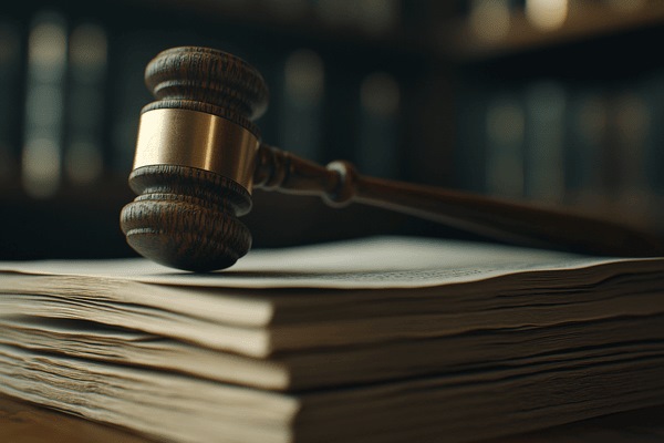 A wooden gavel resting on top of a stack of documents