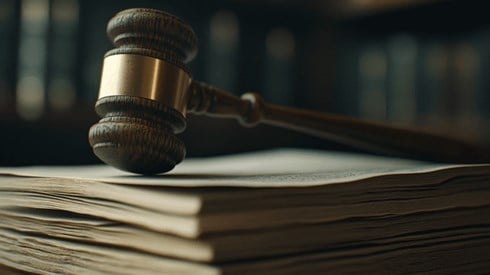A wooden gavel resting on top of a stack of documents