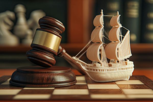gavel next to a 3D printed toy pirate ship on a chessboard