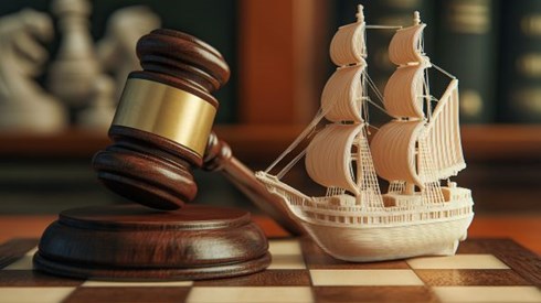 gavel next to a 3D printed toy pirate ship on a chessboard