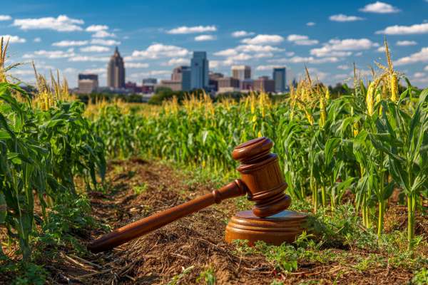 oversized legal gavel in cornfield in front of the Des Moines, Iowa skyline on a sunny day