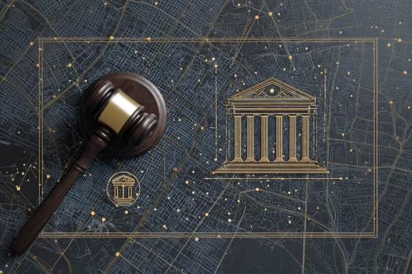 gavel on a rest sitting on a gray and gold map next to a courthouse icon