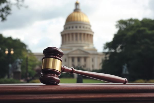 gavel in front of a gold-domed capitol building