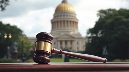 gavel in front of a gold-domed capitol building