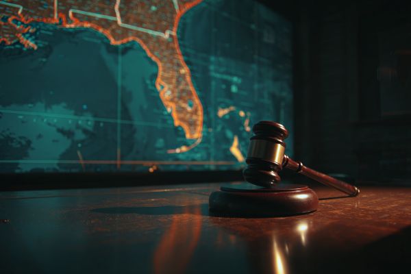 legal gavel on a table in front of a green and orange digital map of Florida