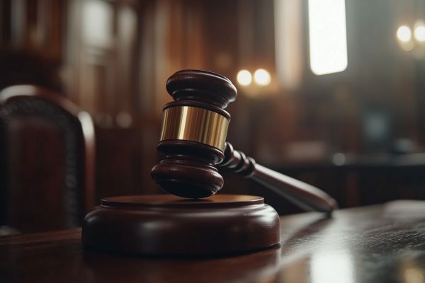 close up of a gavel resting on a judicial bench