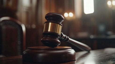 close up of a gavel resting on a judicial bench