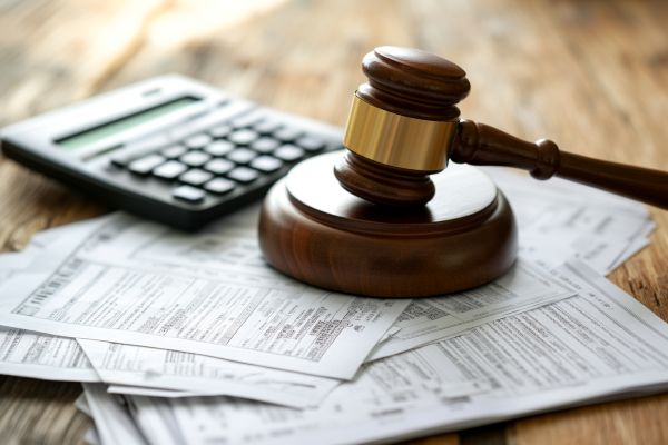 gavel on a stack of financial papers next to a calculator