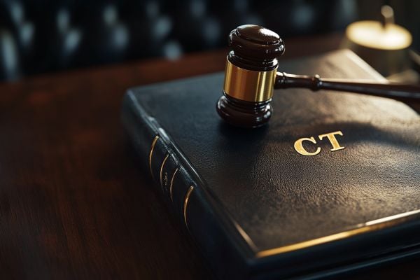 leather binder with the letters "CT" stamped on front with a gavel resting on top