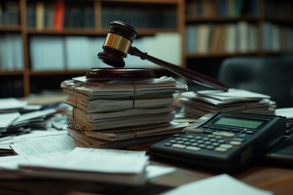 gavel on top of accounting files and a calculator