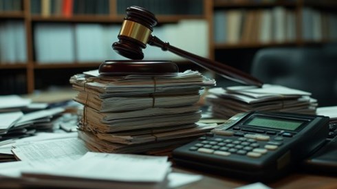 gavel on top of accounting files and a calculator