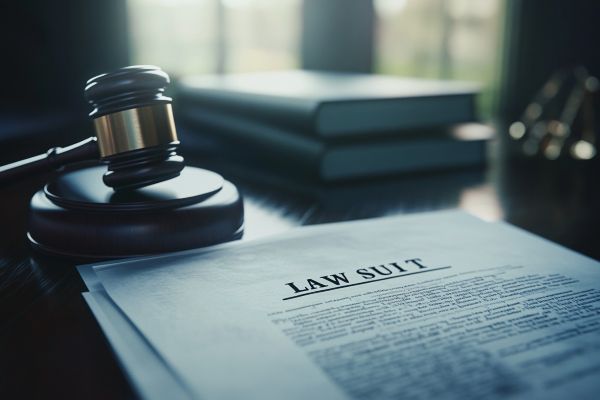 lawsuit paperwork next to gavel on a desk