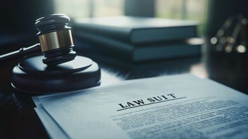 lawsuit paperwork next to gavel on a desk