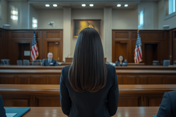 View from behind of a lawyer addressing a courtroom