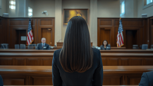 View from behind of a lawyer addressing a courtroom