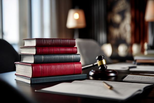 stack of leather books and gavel on a desk with scattered papers