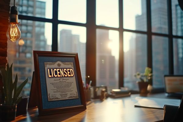 framed certificate on desk that says "Licensed"