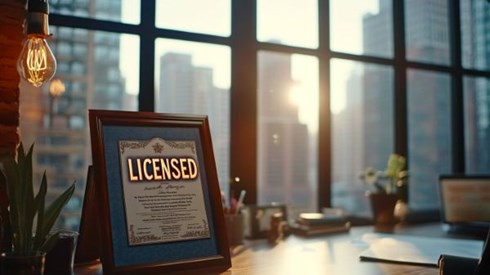 framed certificate on desk that says "Licensed"