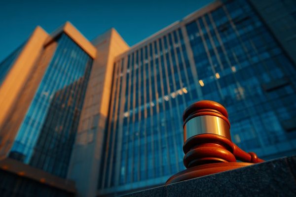 looking up at a gavel in the foreground with a tall building behind it