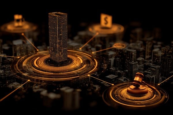 miniature skyscraper, legal gavel, and currency icon on digital orange discs hovering over digital commercial buildings