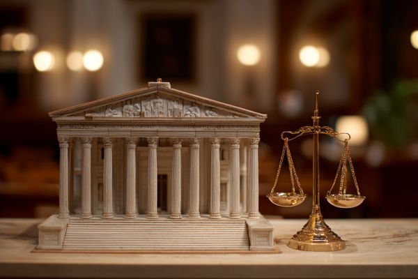 model federal court building and judicial scales on a table in a courtroom