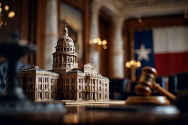 small model Texas capitol building next to a gavel on a table with a Texas flag on the wall in a courtroom