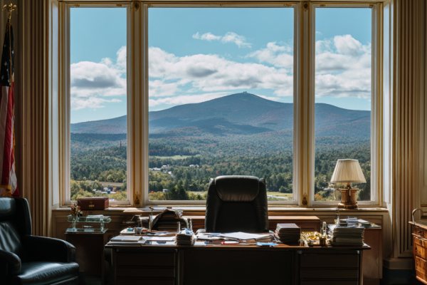 A Vermont state legislative office showing the mountains in a big office window