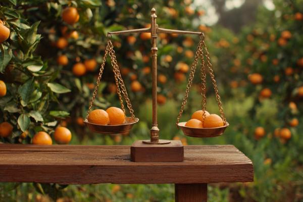 oranges on a balanced set of scales on a bench in an orange grove