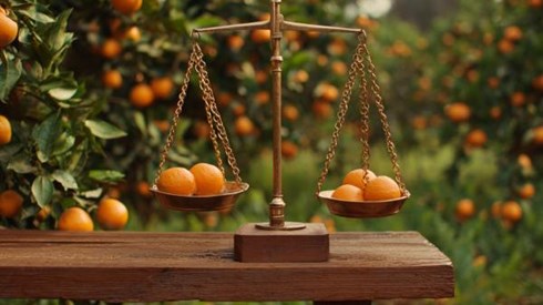oranges on a balanced set of scales on a bench in an orange grove