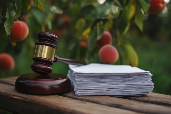 stack of papers and a judicial gavel on a wooden table in a peach grove