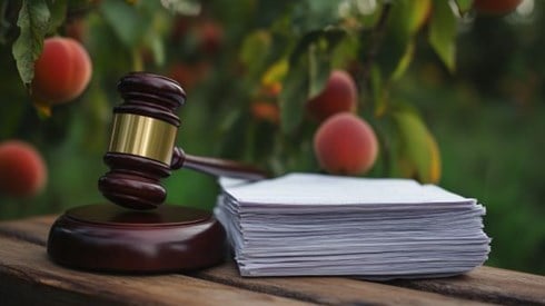 stack of papers and a judicial gavel on a wooden table in a peach grove
