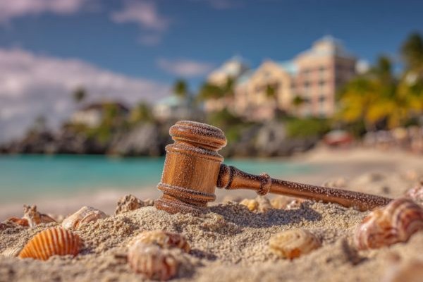 sandy gavel on a beach next to shells in front of a hotel and palm trees
