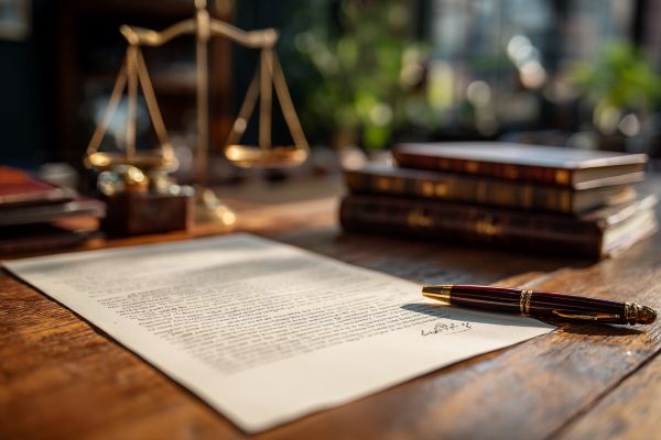 signed legal document on a desk with a pen, a stack of books, and legal scales