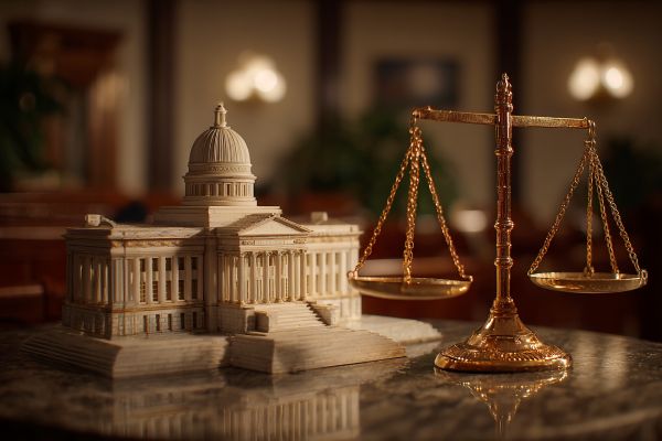 small replica Oklahoma capitol building next to gold legal scales