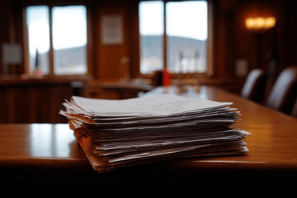 A large stack of documents on a table in a courtroom