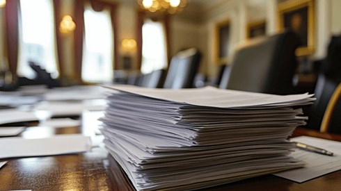 Stacks of paper on a conference table in a legislative conference room