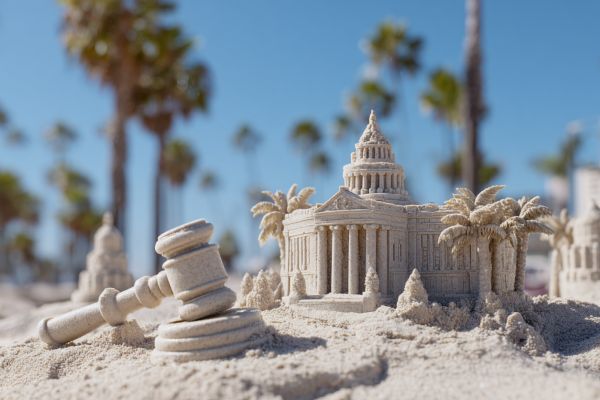 white sand gavel and sand castle legal building on a bright sunny beach with palm trees in the background