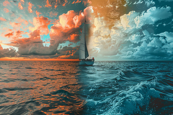 A sailboat on an ocean with half of the background one color and the other half a different color
