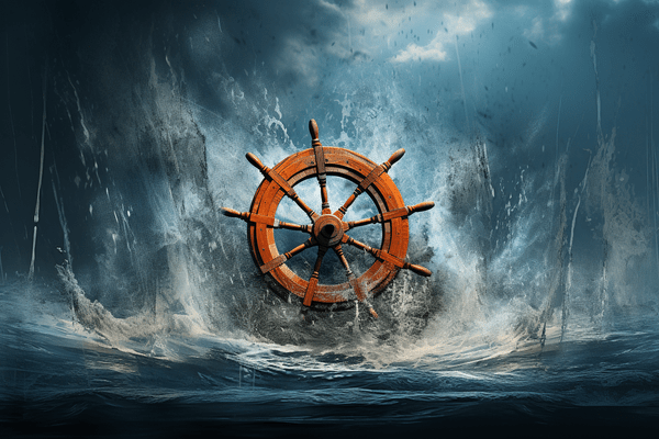 Illustration of Hard Market Conditions - Ship Wheel in Storm Clouds and Rough Sea Water