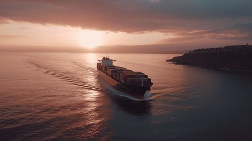 A large container ship sailing past a town on the coast