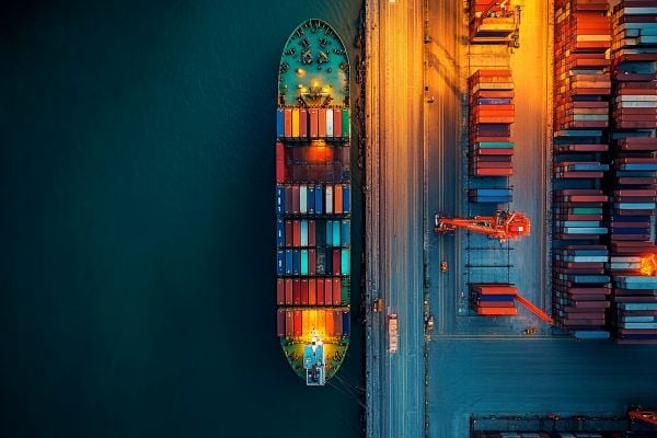 overhead view of a shipping container ship at a dock