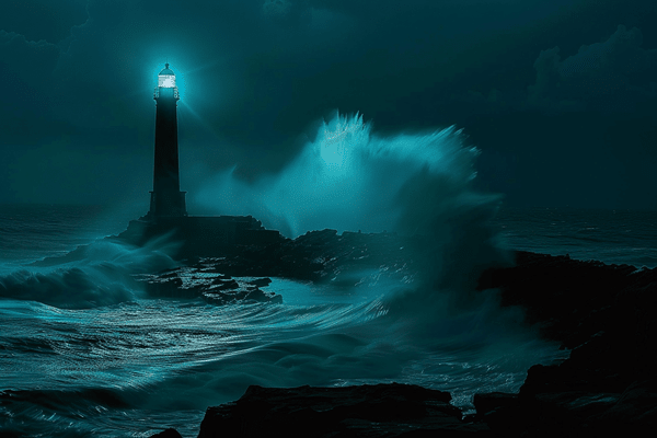 A lighthouse on a rock shining a beacon at night during stormy seas